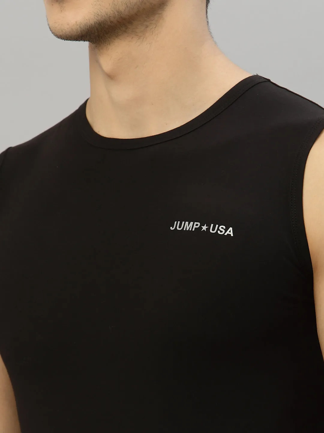 JUMP USA Men Black Pure Cotton Sleeveless Solid Tank T-shirt