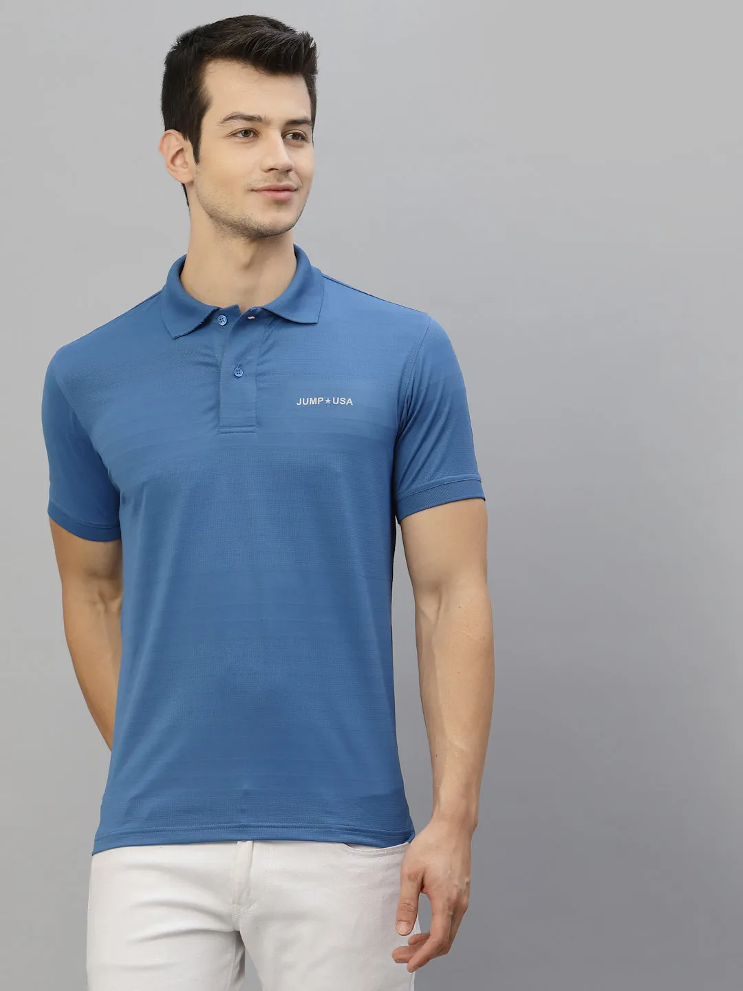 JUMP USA Men Blue Solid Polo Collar Sports  T-Shirt