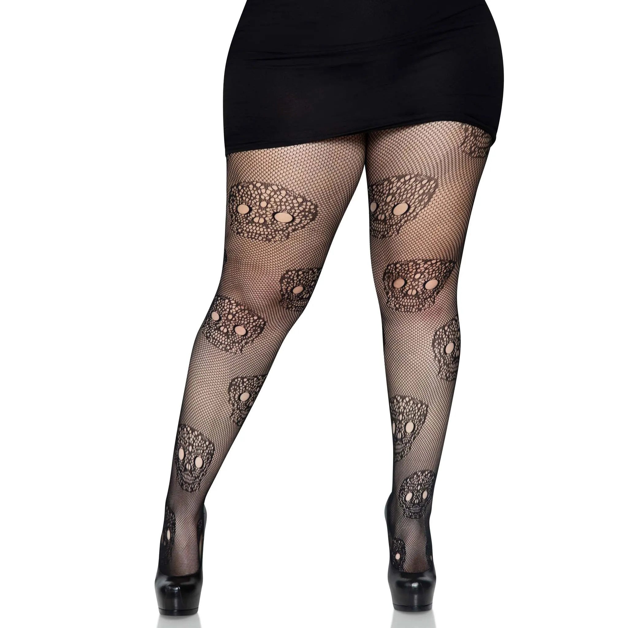 Lace Skulls Fishnet Tights - 1x/2x - Black