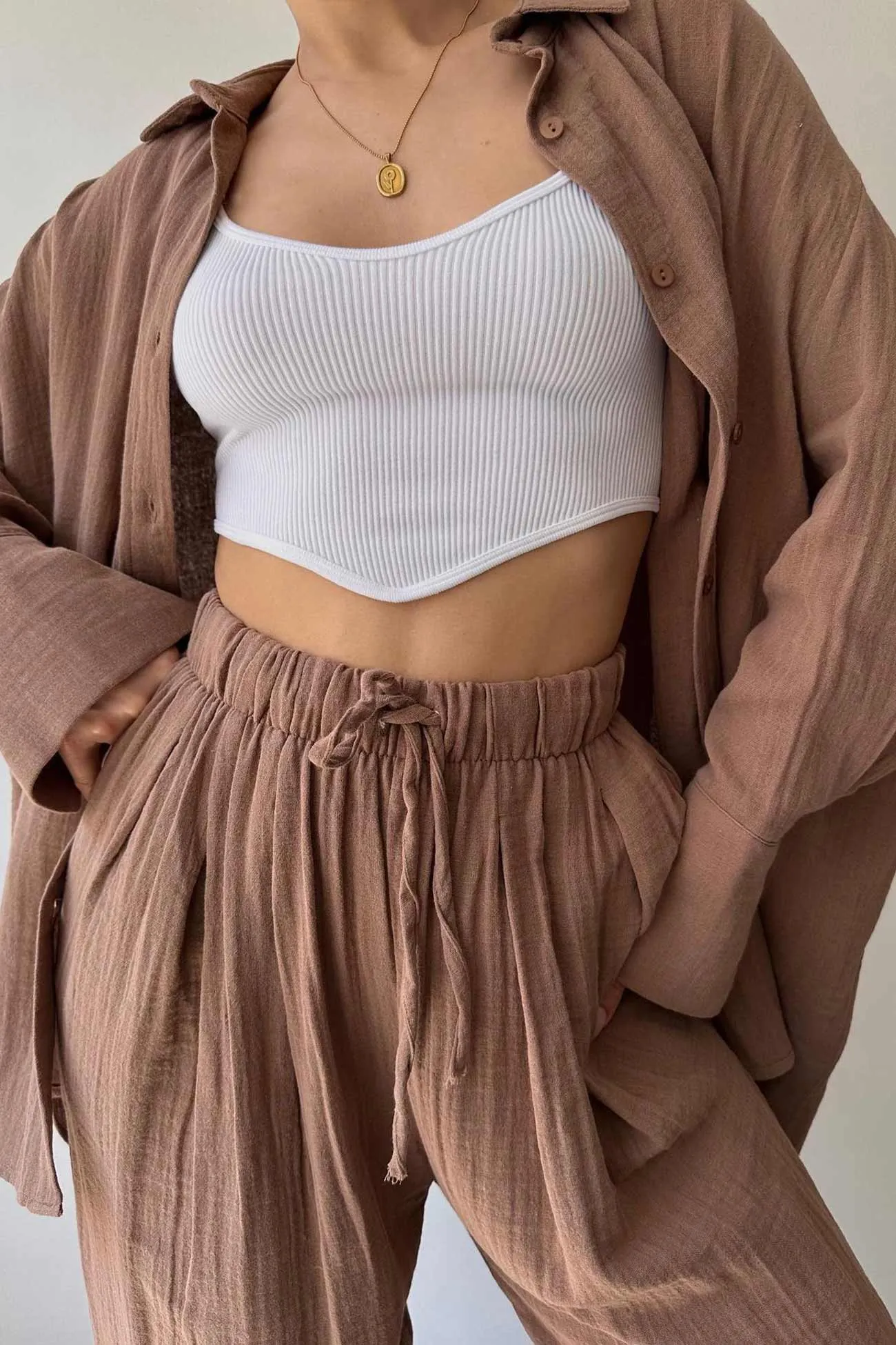 Lapel Long Sleeve Shirt Strappy Long Pants Suits