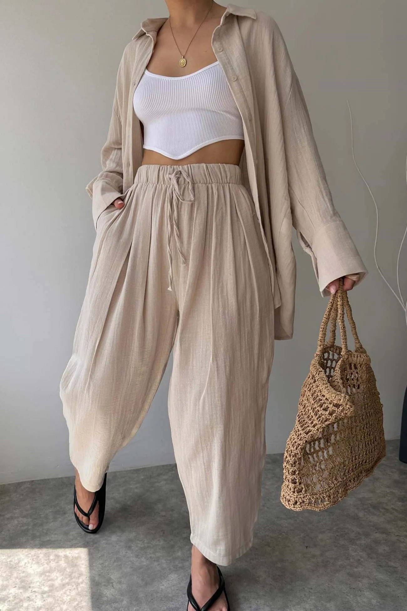 Lapel Long Sleeve Shirt Strappy Long Pants Suits