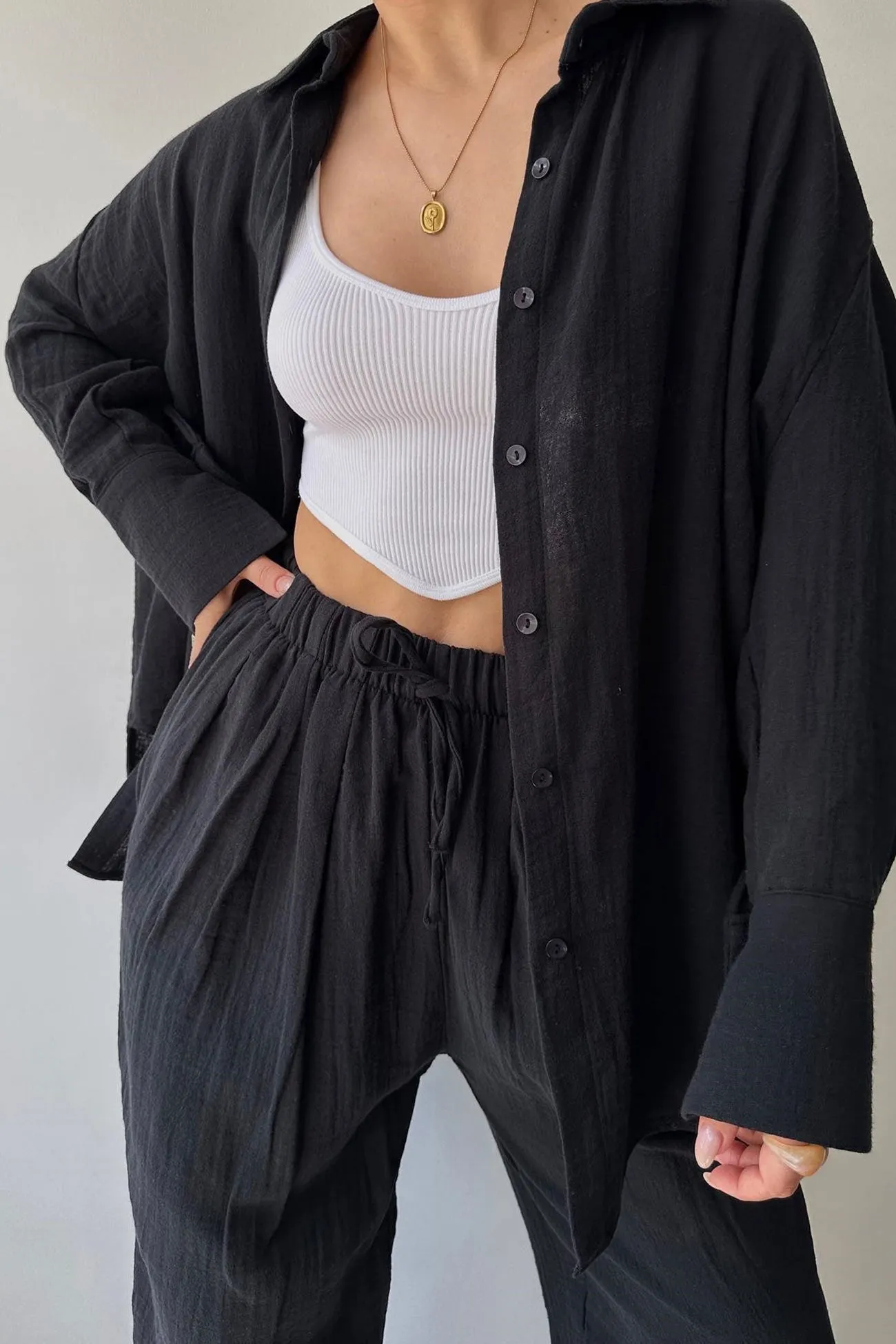 Lapel Long Sleeve Shirt Strappy Long Pants Suits