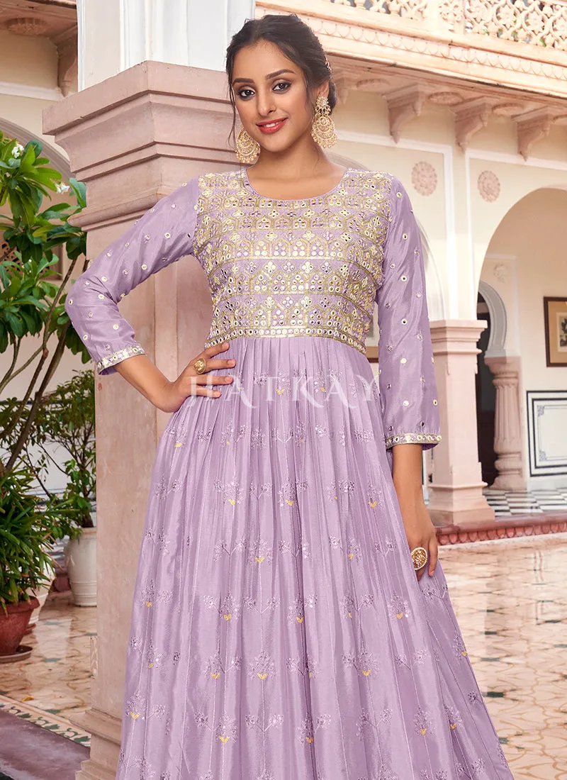 Lavender Mirror Work Embroidered Designer Anarkali Suit