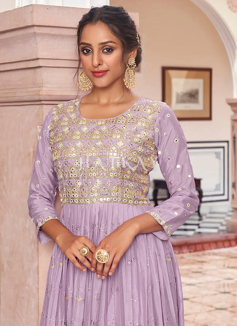 Lavender Mirror Work Embroidered Designer Anarkali Suit