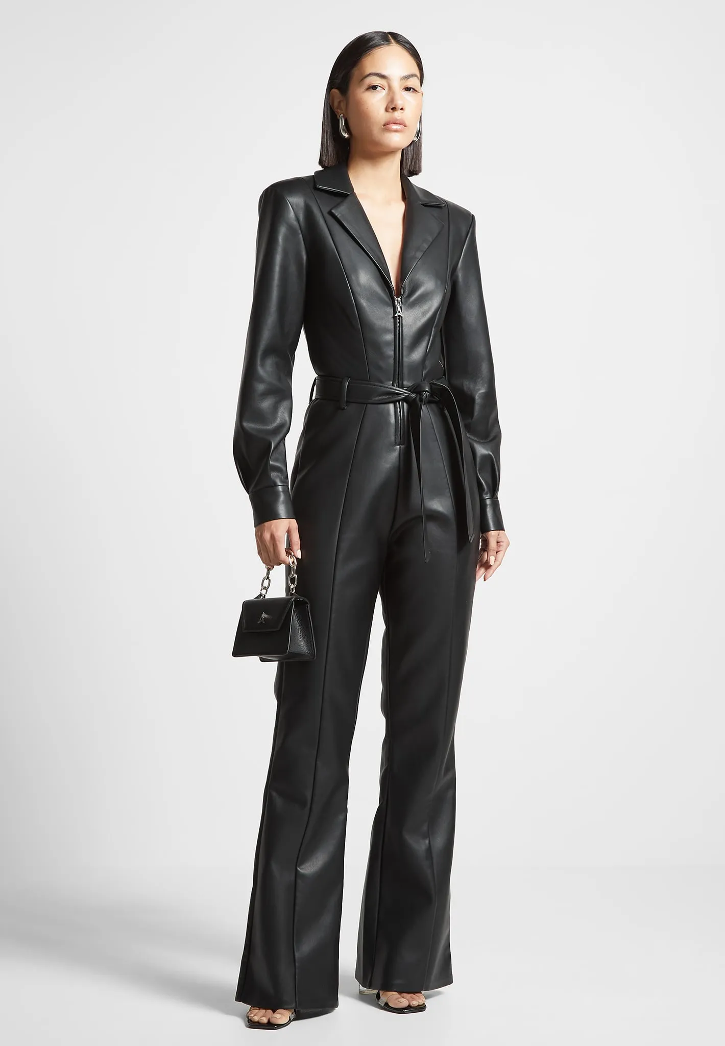 Leather Fit and Flare Belted Jumpsuit - Black