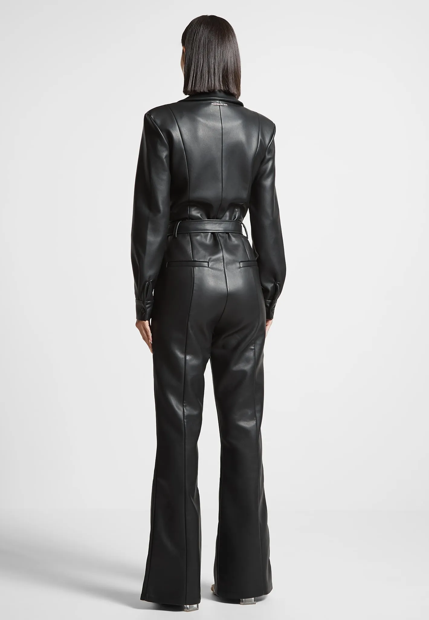 Leather Fit and Flare Belted Jumpsuit - Black