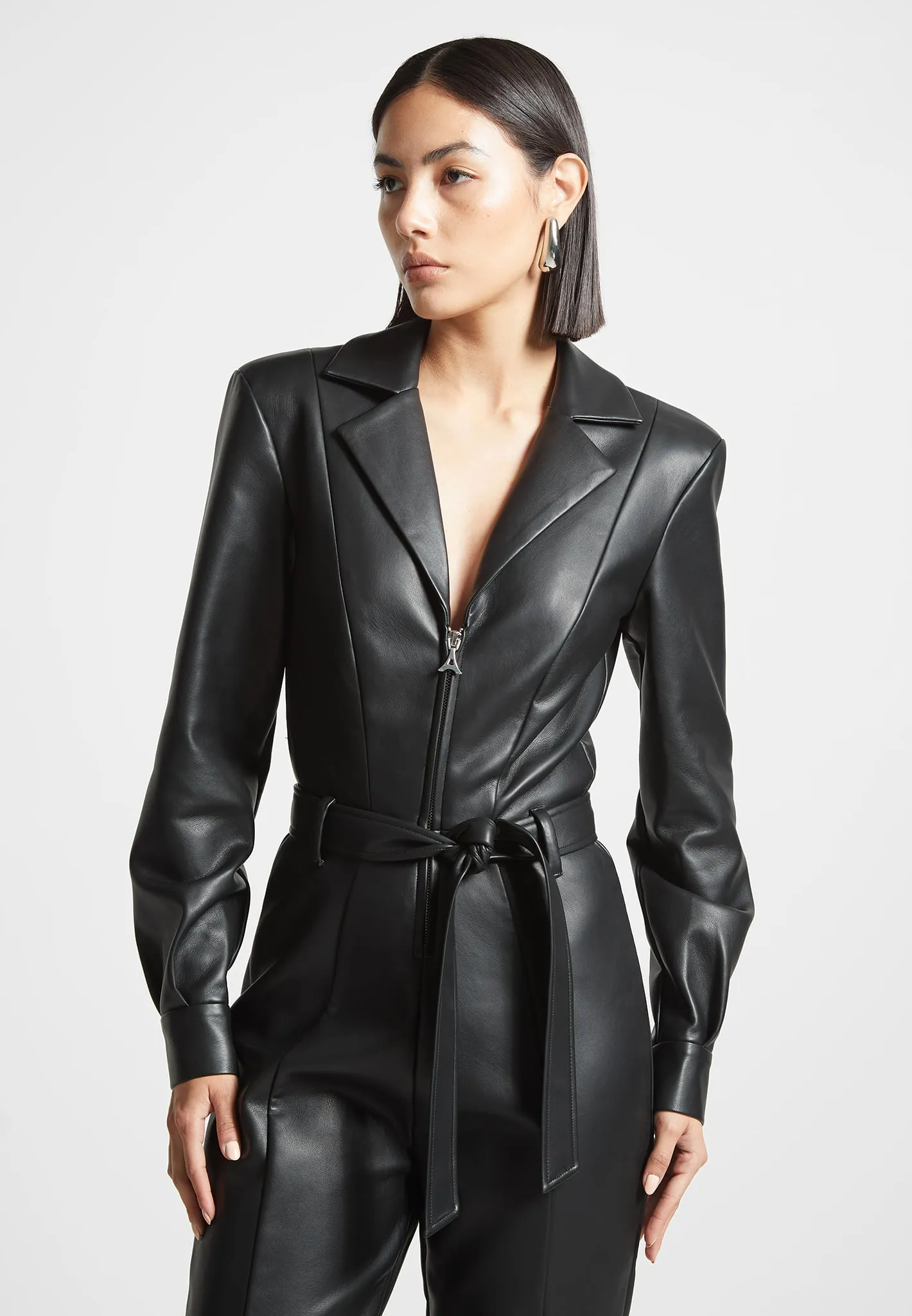 Leather Fit and Flare Belted Jumpsuit - Black