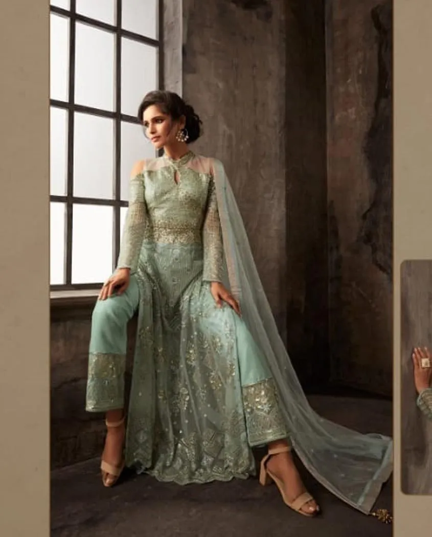 Light Blue Wedding Anarkali Lehenga/Pants Suit