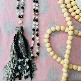 long beaded chain tassel  necklace: black