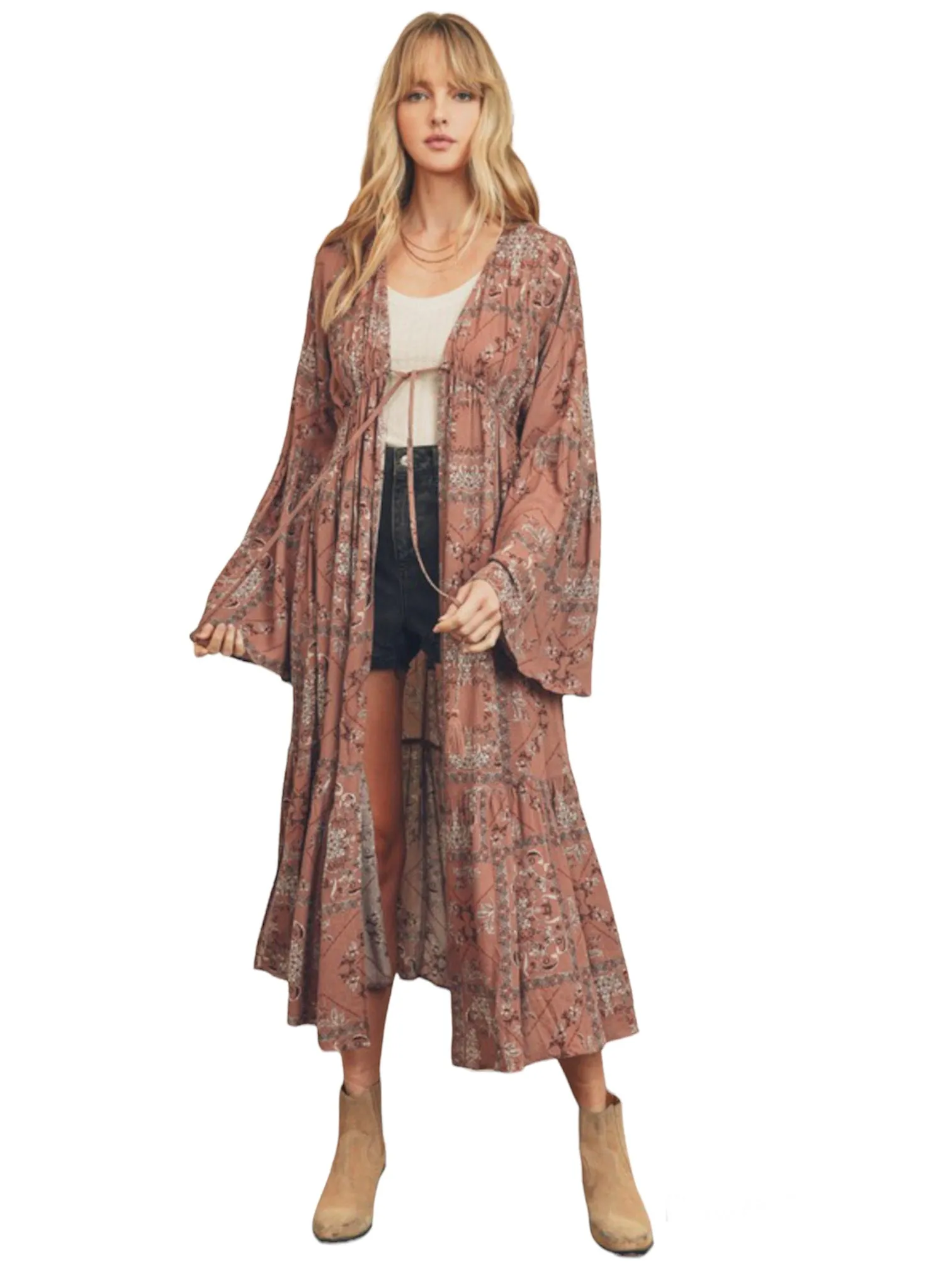 Long Flowy Paisley Print Duster Kimono