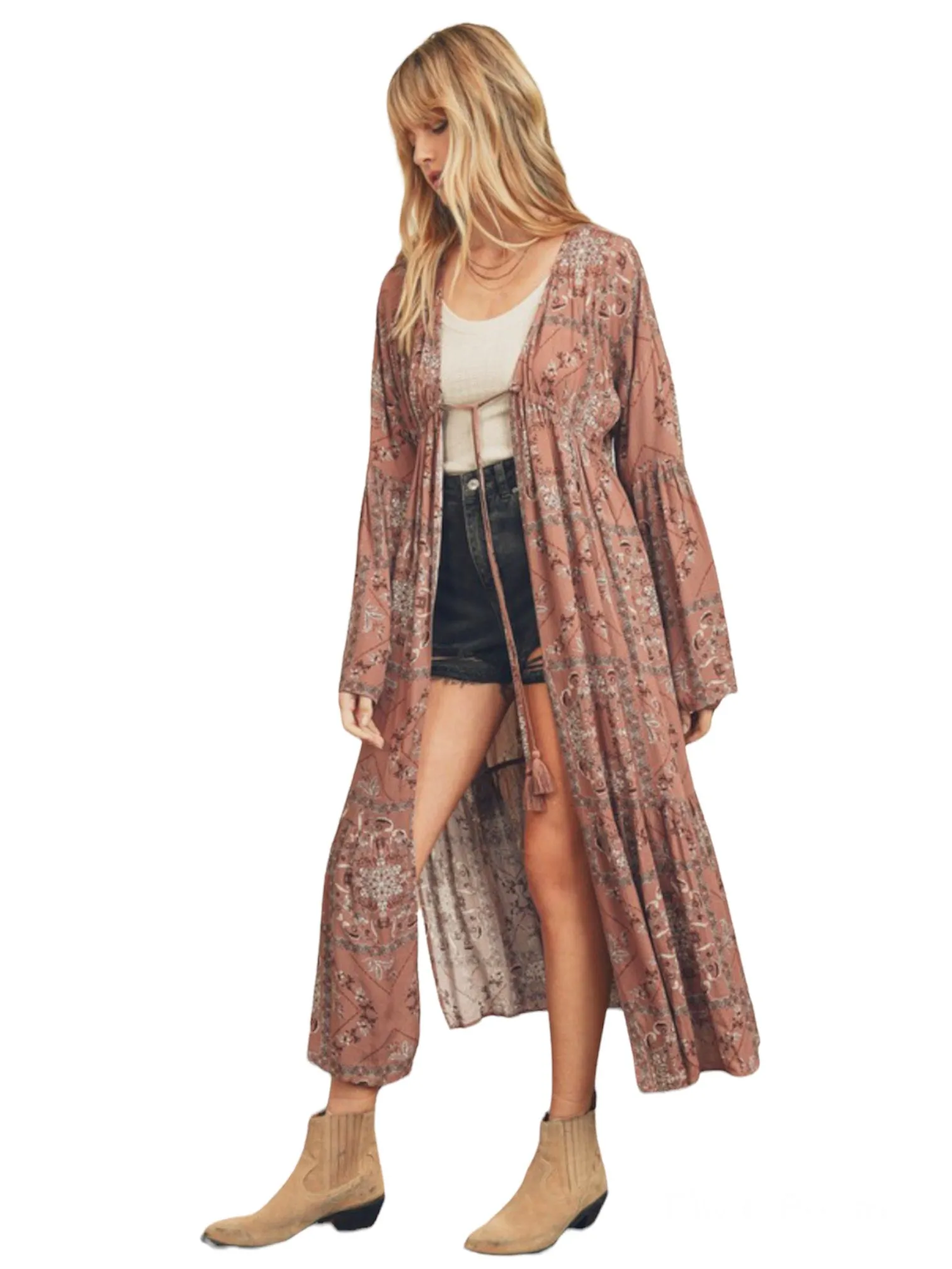 Long Flowy Paisley Print Duster Kimono