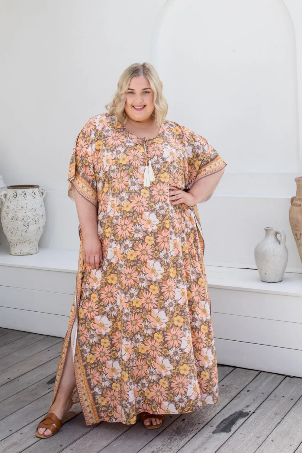 Long Kaftan Dress - Peach Floral