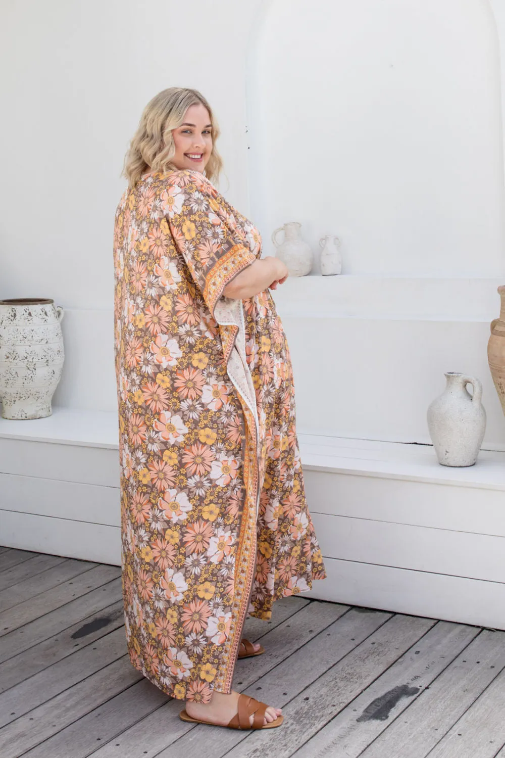 Long Kaftan Dress - Peach Floral