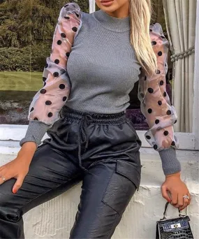 Long Sleeve Ribbed Knitted Loose Polka Dots Elegant Blouse