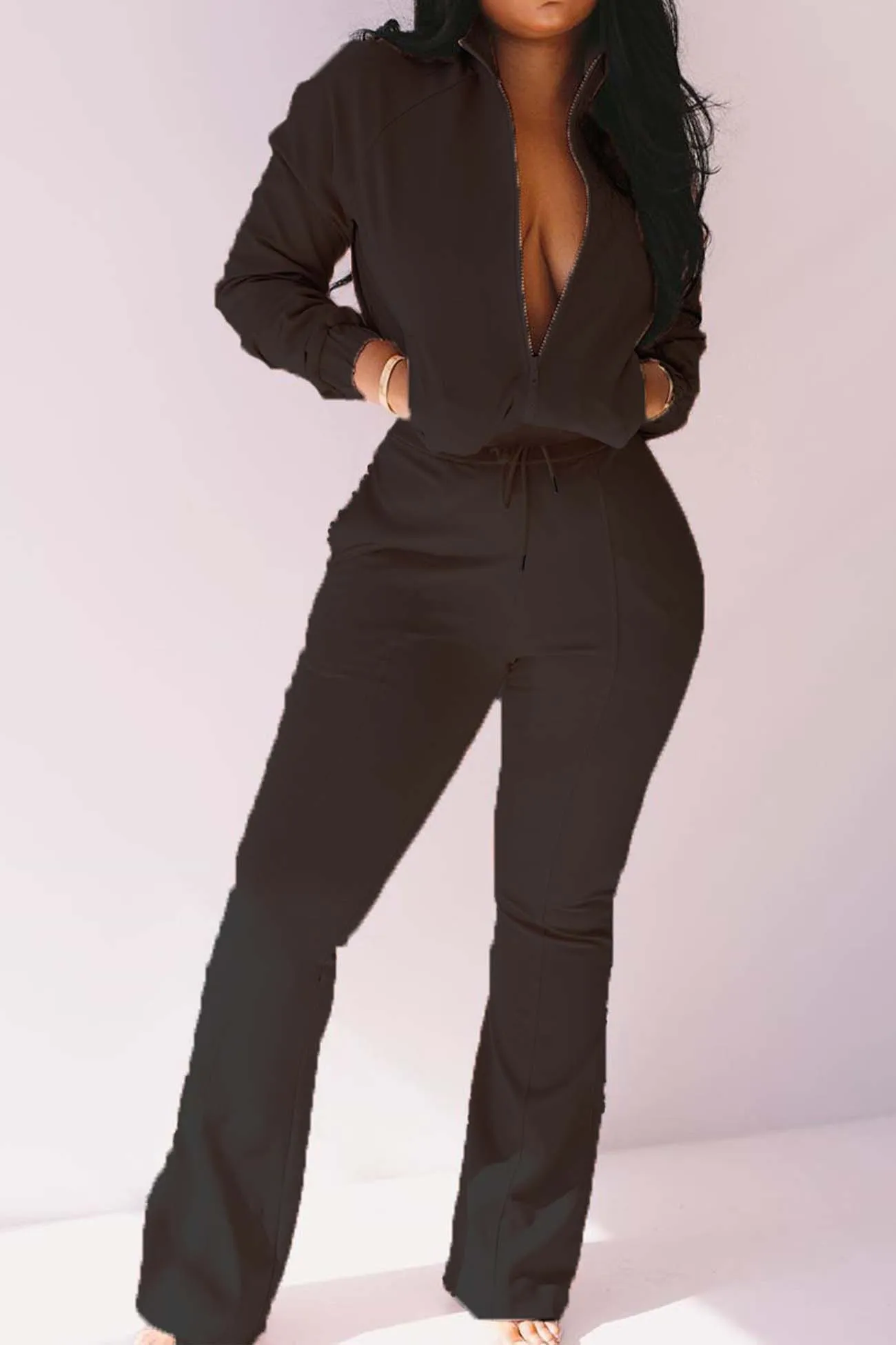 Long Sleeve Zipper Pocket Long Pant Suit