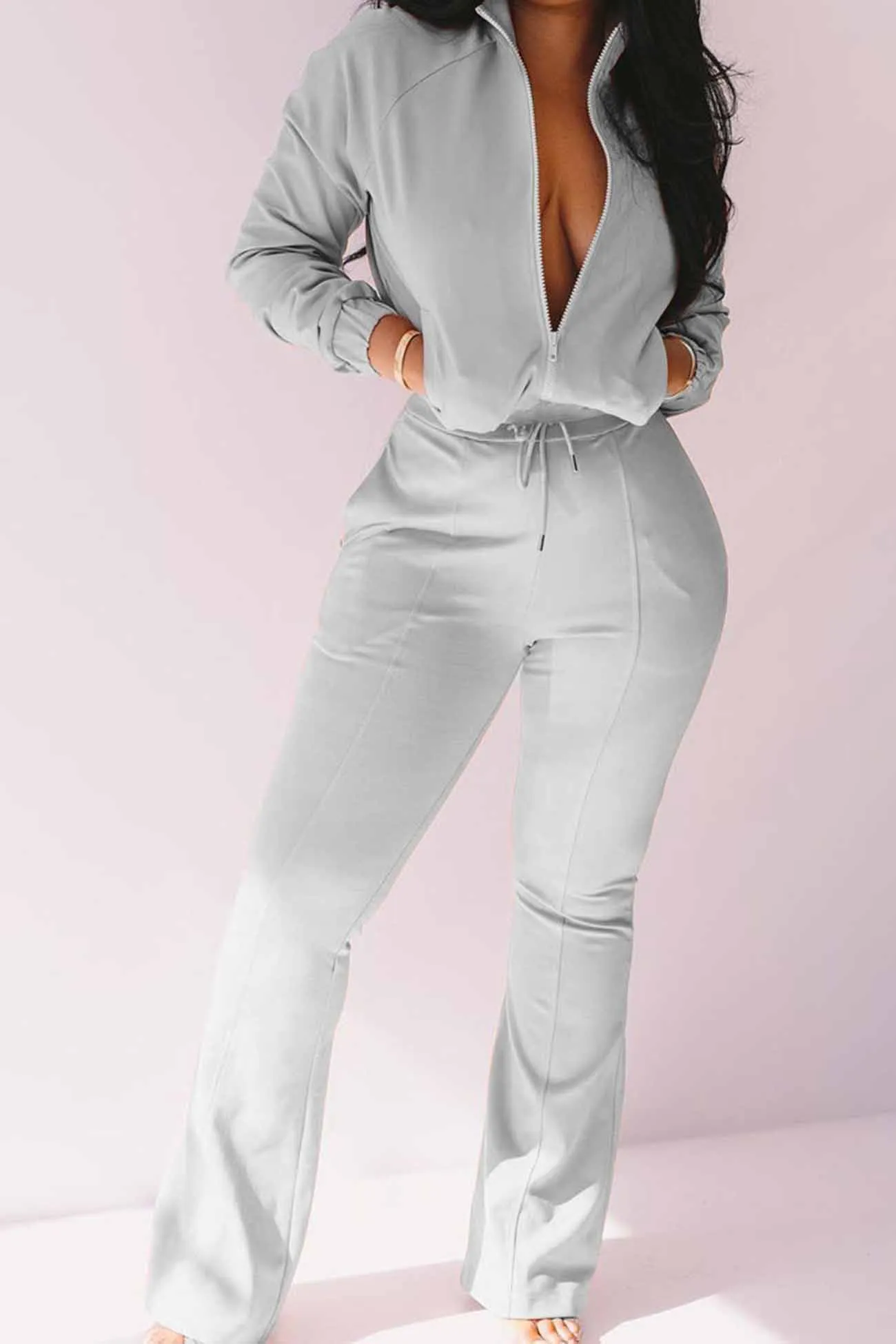 Long Sleeve Zipper Pocket Long Pant Suit