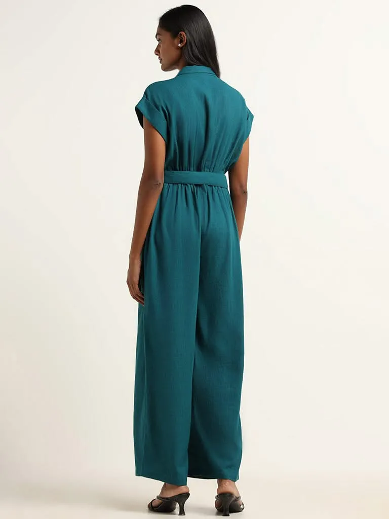 LOV Teal Blended Linen Jumpsuit