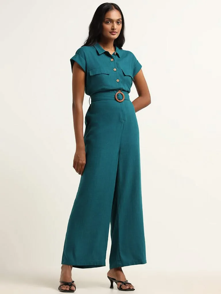 LOV Teal Blended Linen Jumpsuit