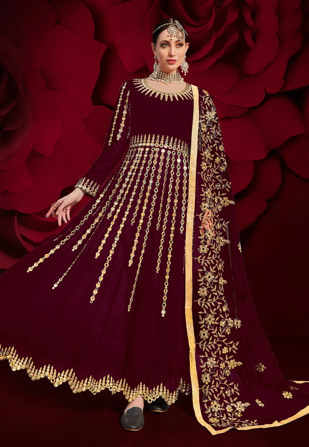 Maroon Golden Mirror Work Flared Anarkali Pant Suit