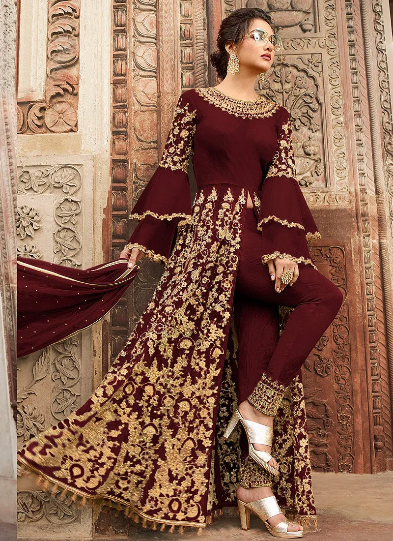 Maroon Overall Embellished Lehenga/Pant Suit