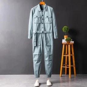 Men's And Women's Workwear Long Sleeve  Jumpsuit Bink Blue Grey Single Breasted Lapel Cloth Autumn Trousers