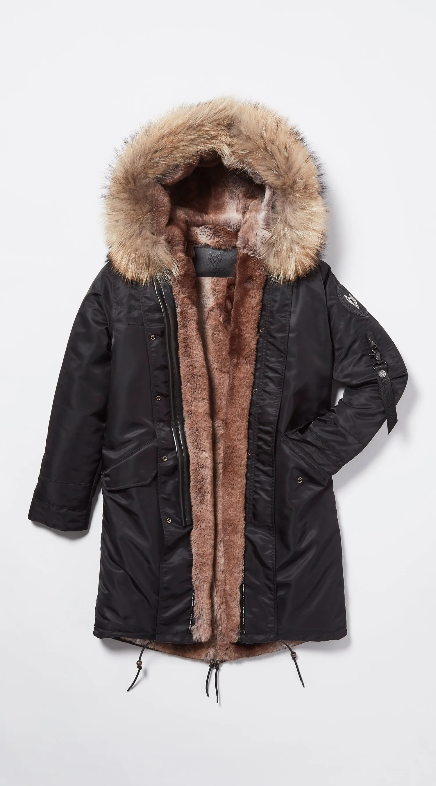 Mens Black Water-Repellent Luxy Fur Parka - 3/4 Natural