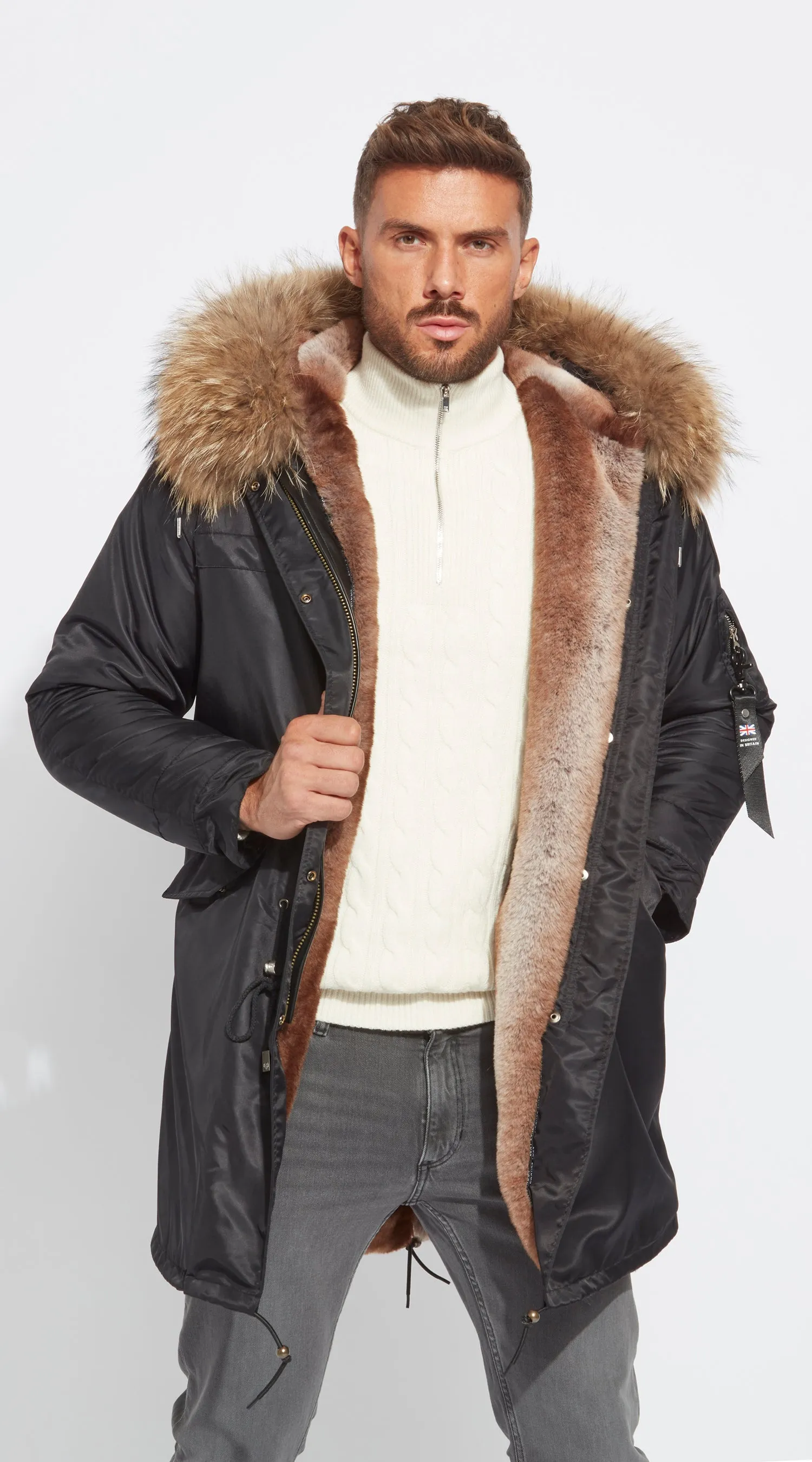 Mens Black Water-Repellent Luxy Fur Parka - 3/4 Natural