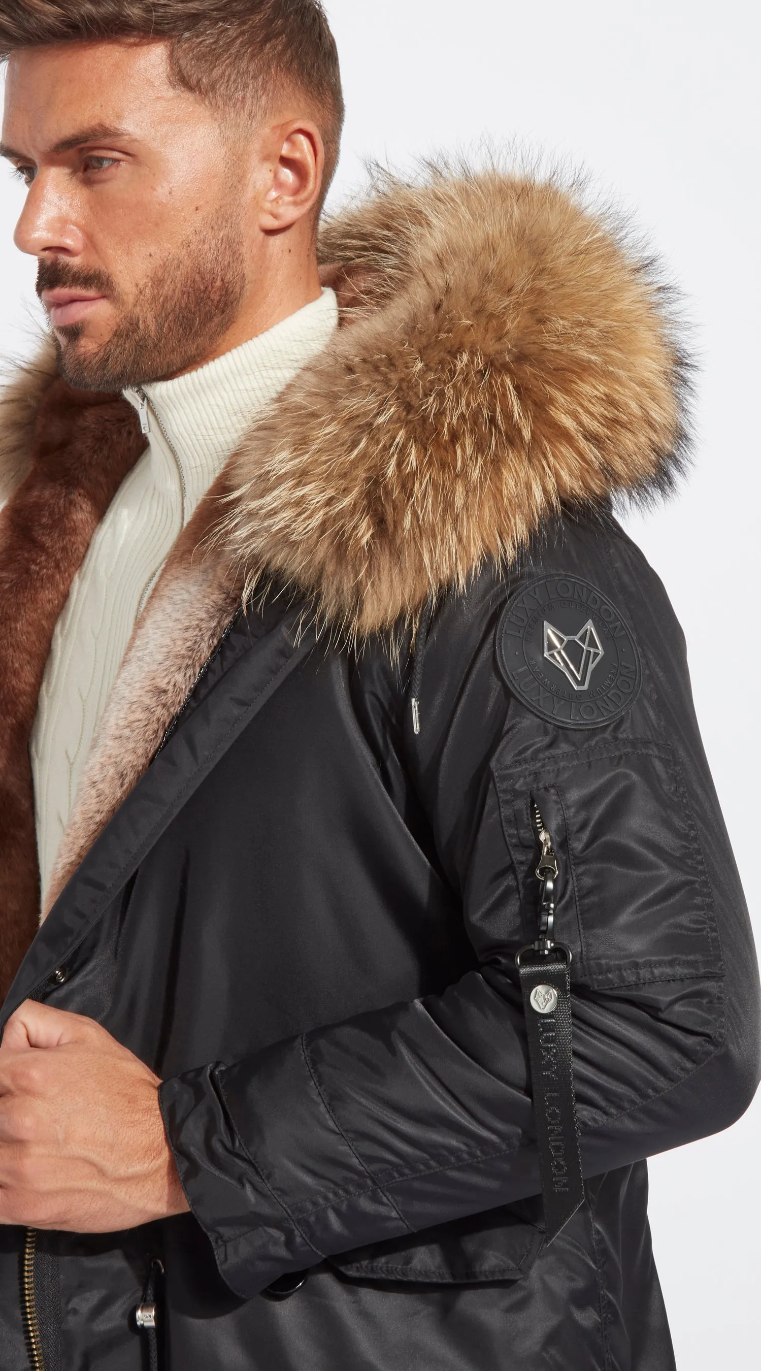 Mens Black Water-Repellent Luxy Fur Parka - 3/4 Natural