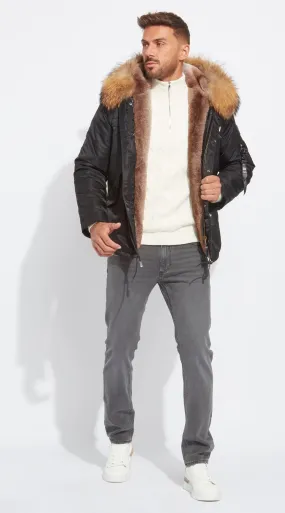 Mens Black Water-Repellent Luxy Fur Parka - Natural