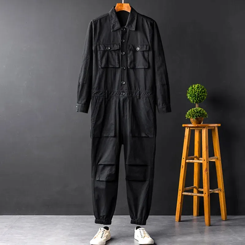 Men's Jumpsuit Long Sleeve Workwear Single Breasted Lapel Cloth Summer Autumn Male Trousers Trendy Menwear 9C600