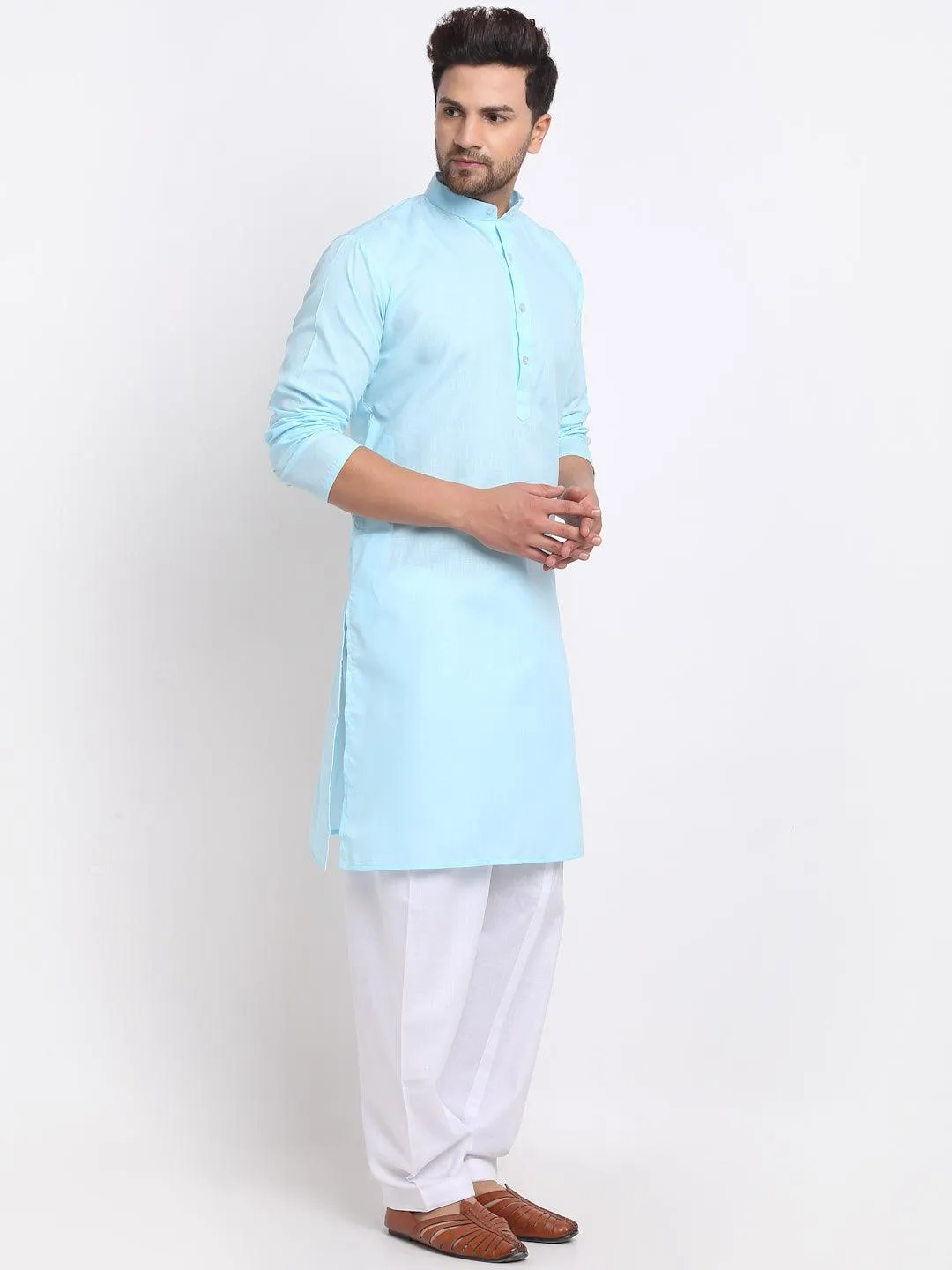 Men's Sky Blue Solid Kurta With White Salwar - Benstoke