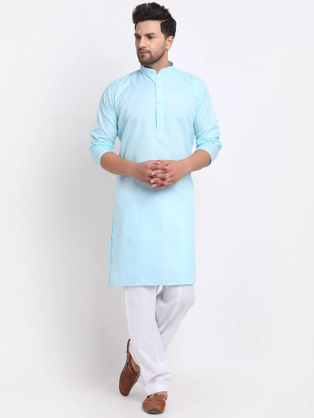 Men's Sky Blue Solid Kurta With White Salwar - Benstoke