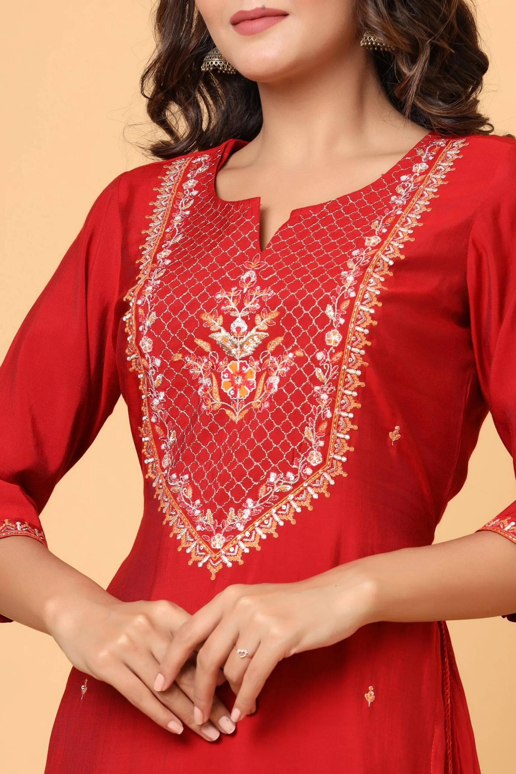 Modal Silk Red Embroidered Sharara Set