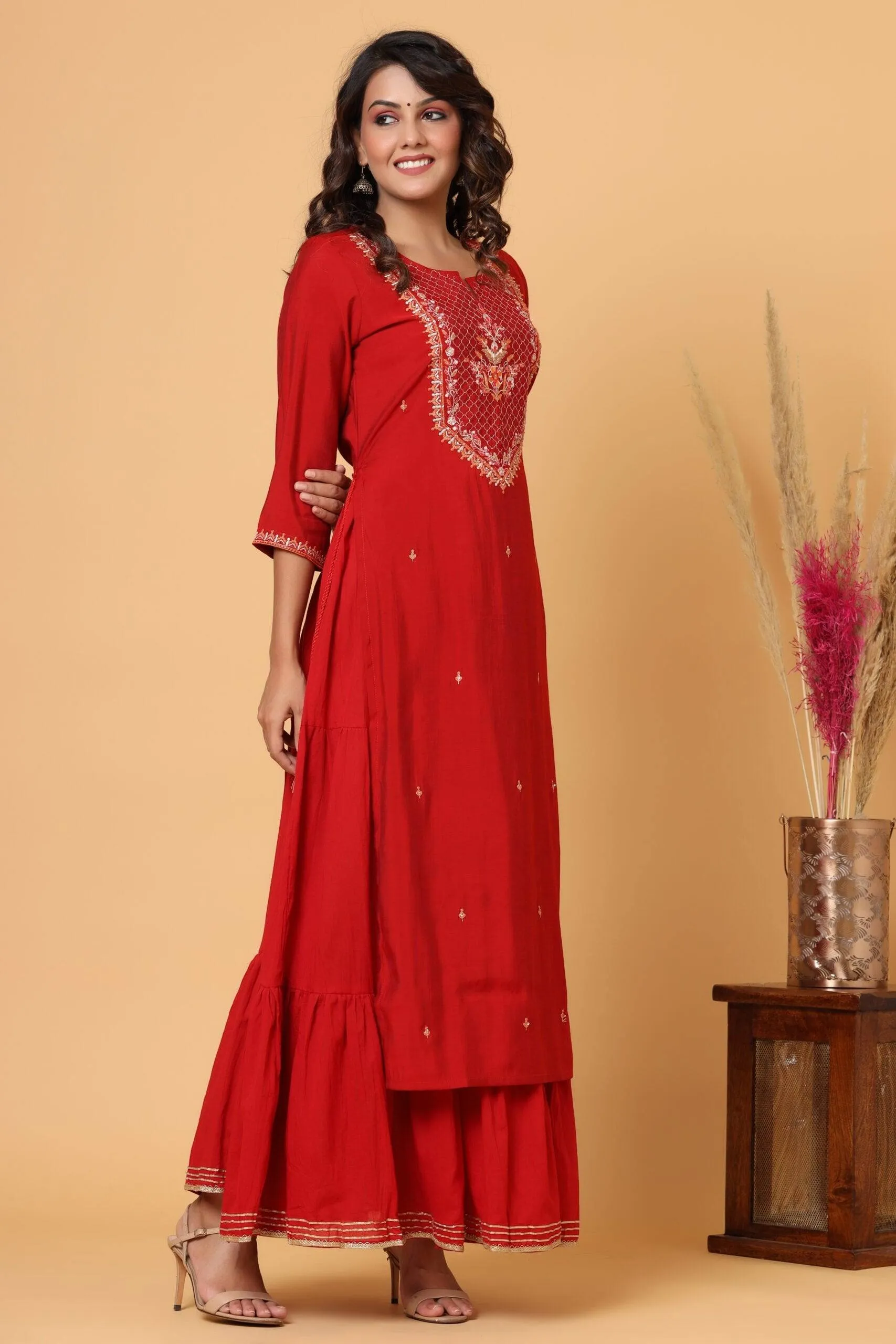 Modal Silk Red Embroidered Sharara Set