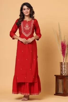 Modal Silk Red Embroidered Sharara Set