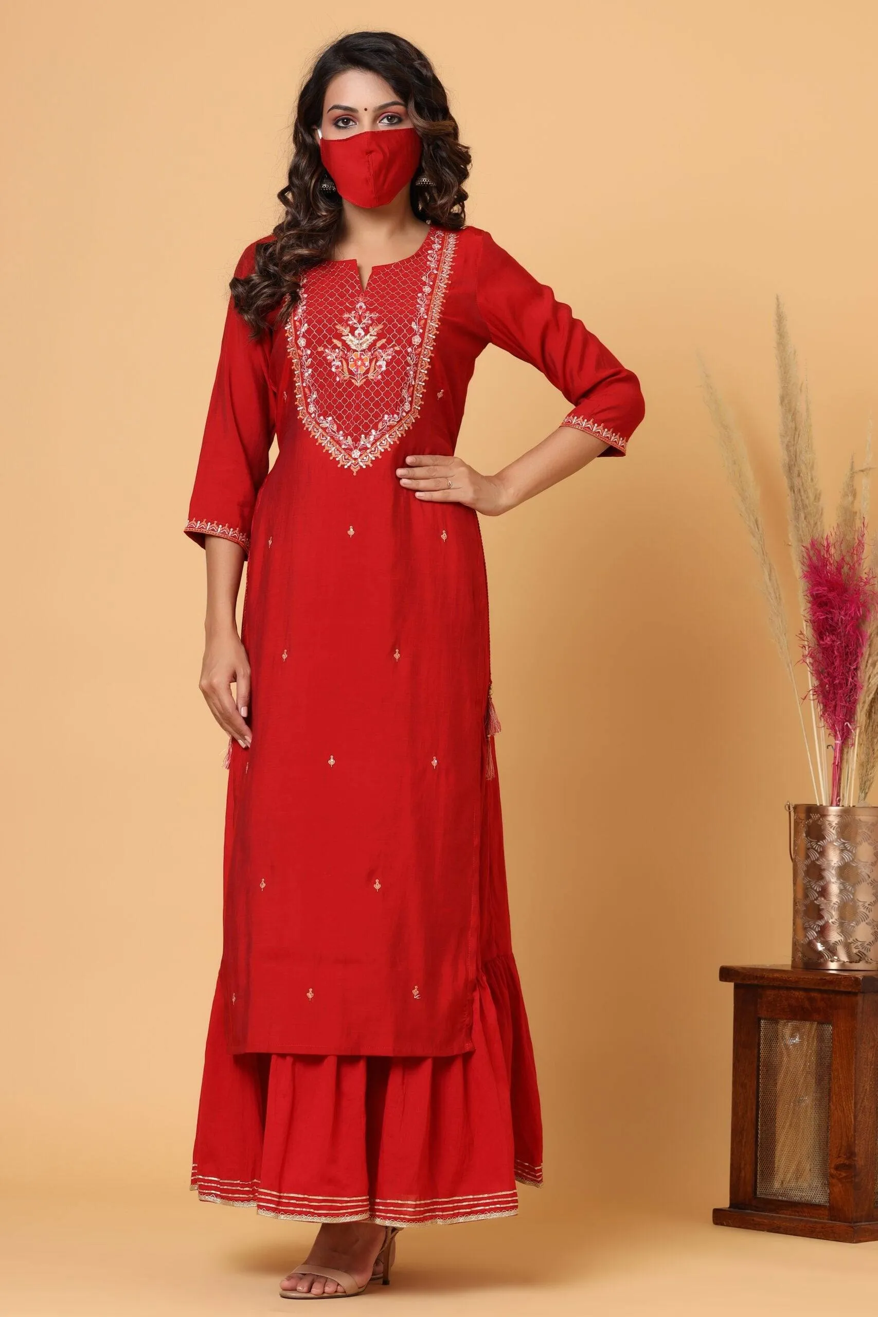 Modal Silk Red Embroidered Sharara Set