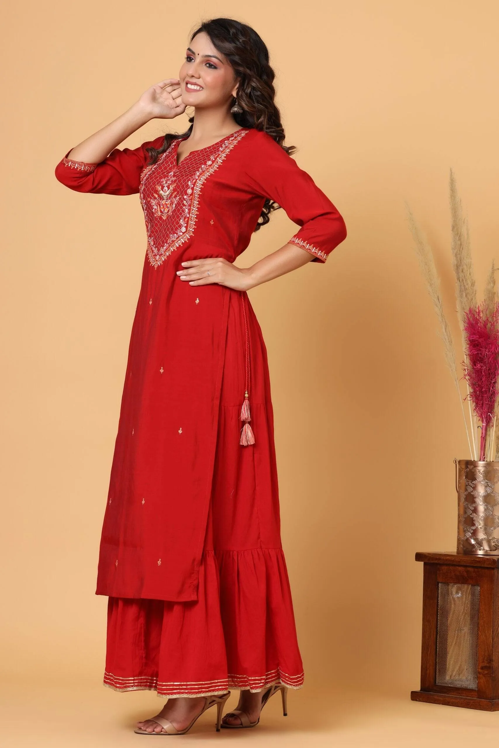 Modal Silk Red Embroidered Sharara Set