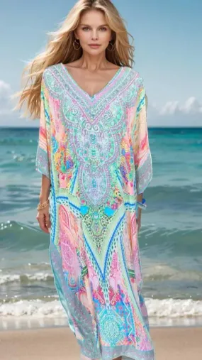 Monet Long Silk Embellished Box Kaftan