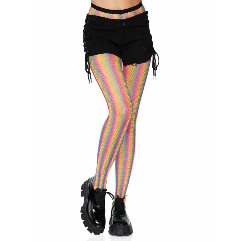 Neon Rainbow Striped Fishnet Tights - One Size - Multicolor