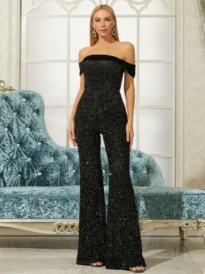 Off Shoulder Sequins Black Jumpsuits RD50043