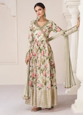 Off White Organza Silk Embroidery Floral Anarkali Suit