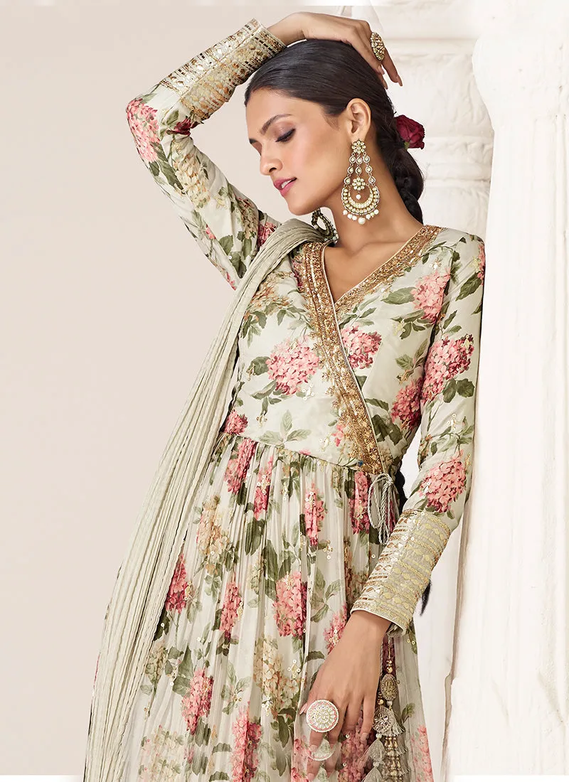 Off White Organza Silk Embroidery Floral Anarkali Suit