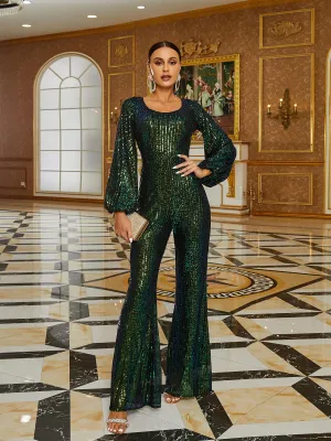 Open Back Ballon Sleeve Green Jumpsuits RA60080