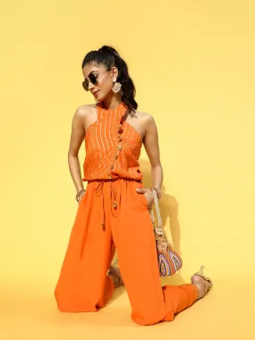 Orange & Gold Stripes Print Jumpsuit