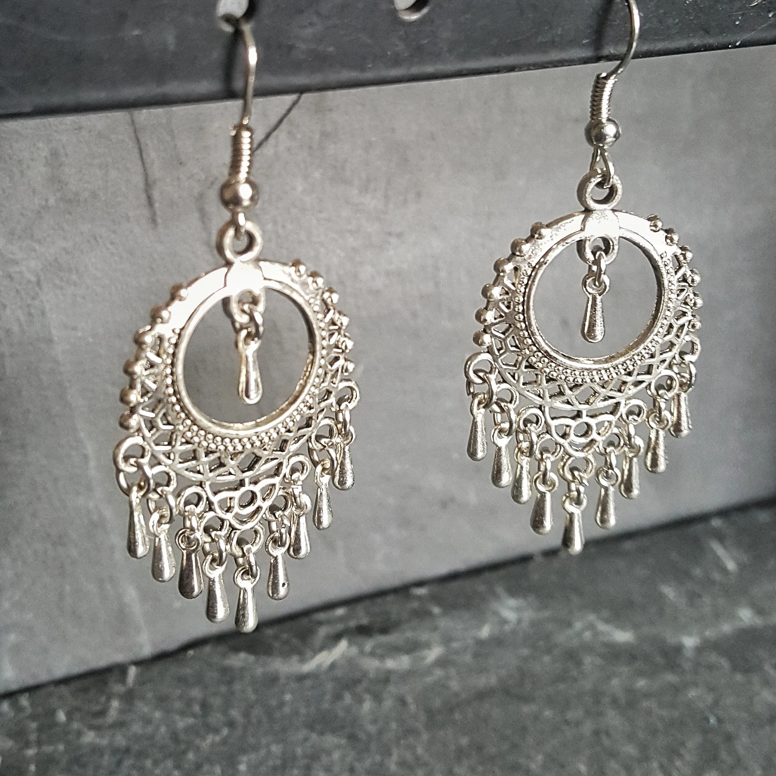 Ornate Silver Boho Chandelier Earrings Bohemian Jewelry