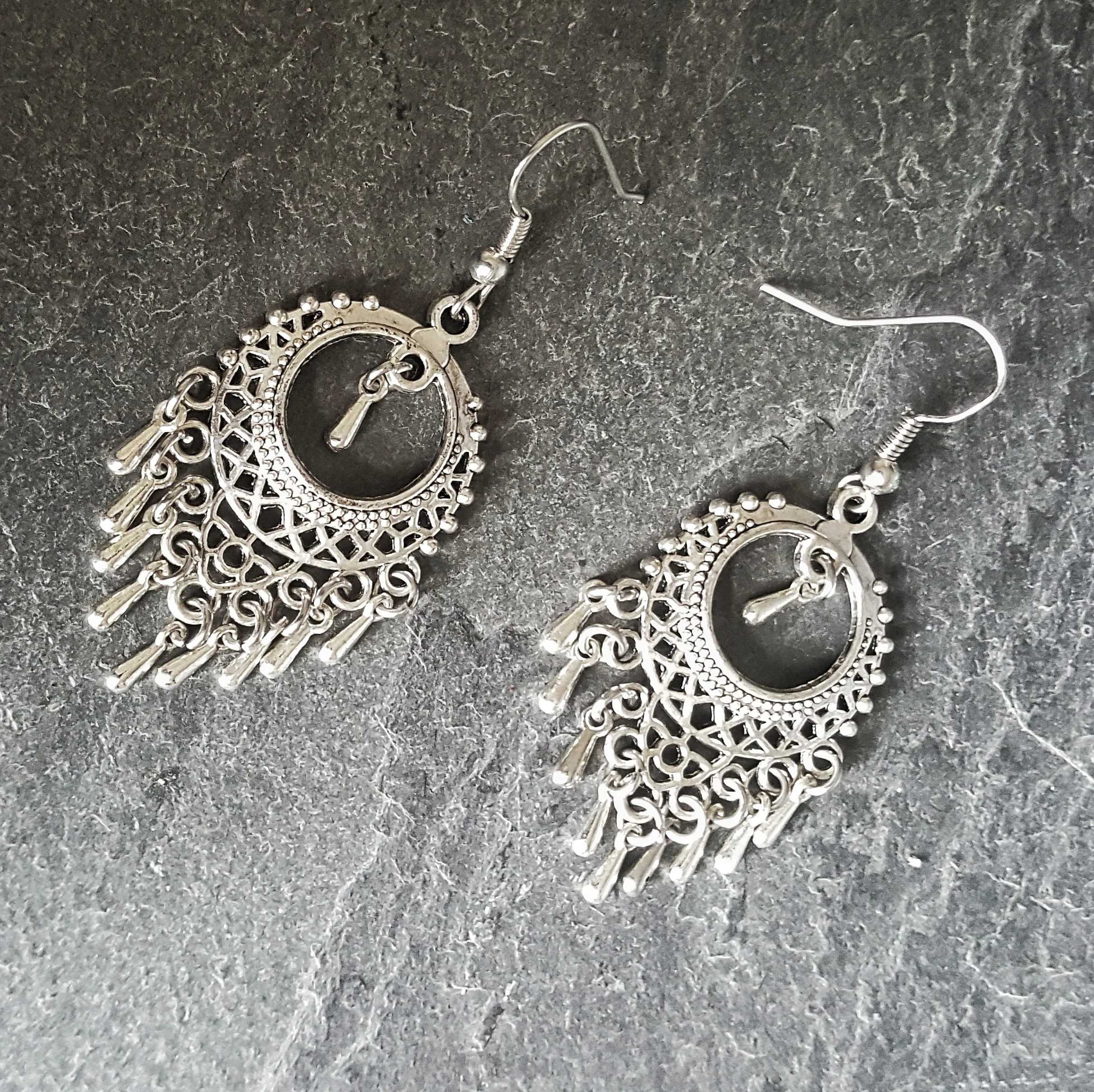 Ornate Silver Boho Chandelier Earrings Bohemian Jewelry