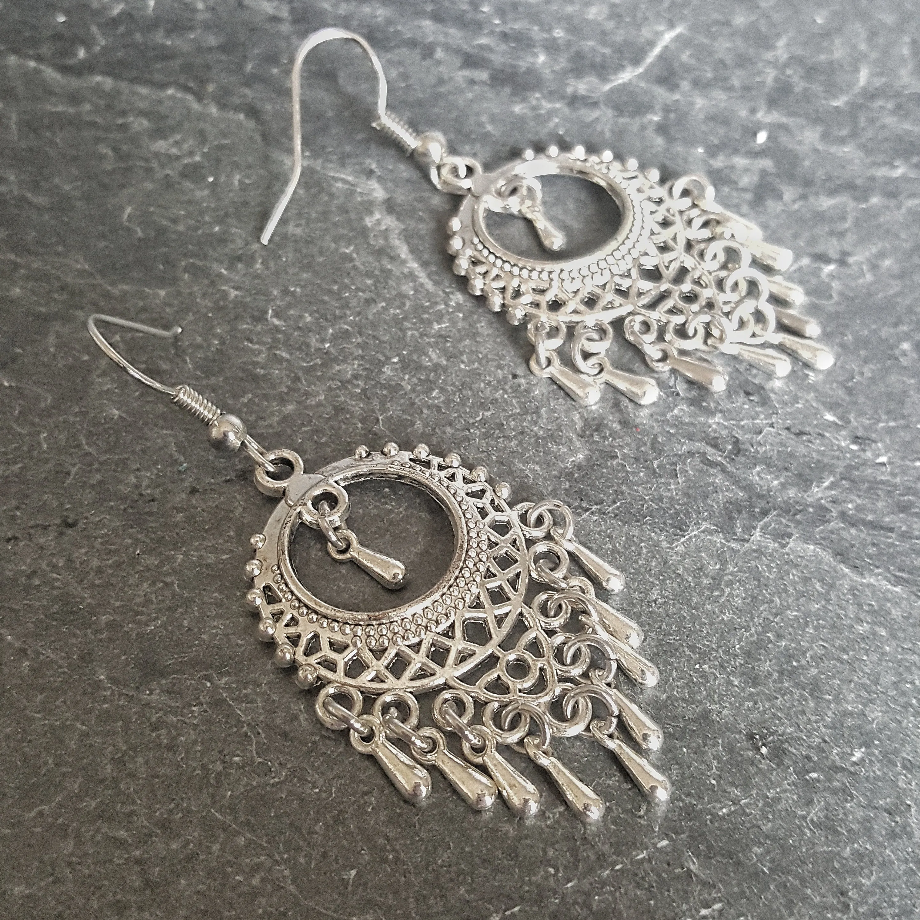 Ornate Silver Boho Chandelier Earrings Bohemian Jewelry