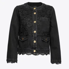 Patchwork Lace Solid Denim Coats For Women O Neck Long Sleeves Spliced Single Breasted Minimalist Jackets Female