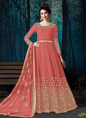 Peach Mirror Embroidered Designer Anarkali Suit