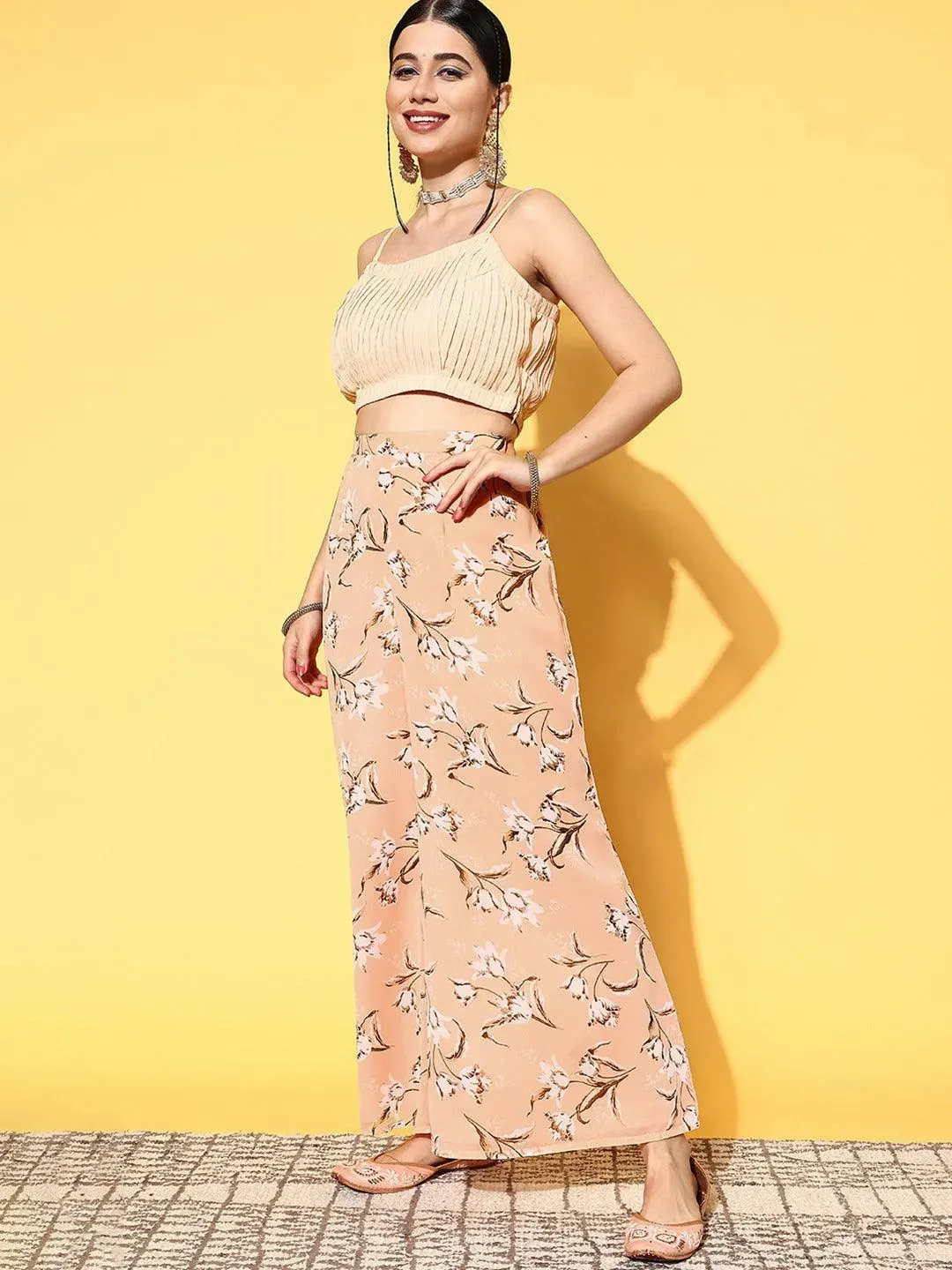 Peach Solid Georgette Top With Palazzos & Shrug